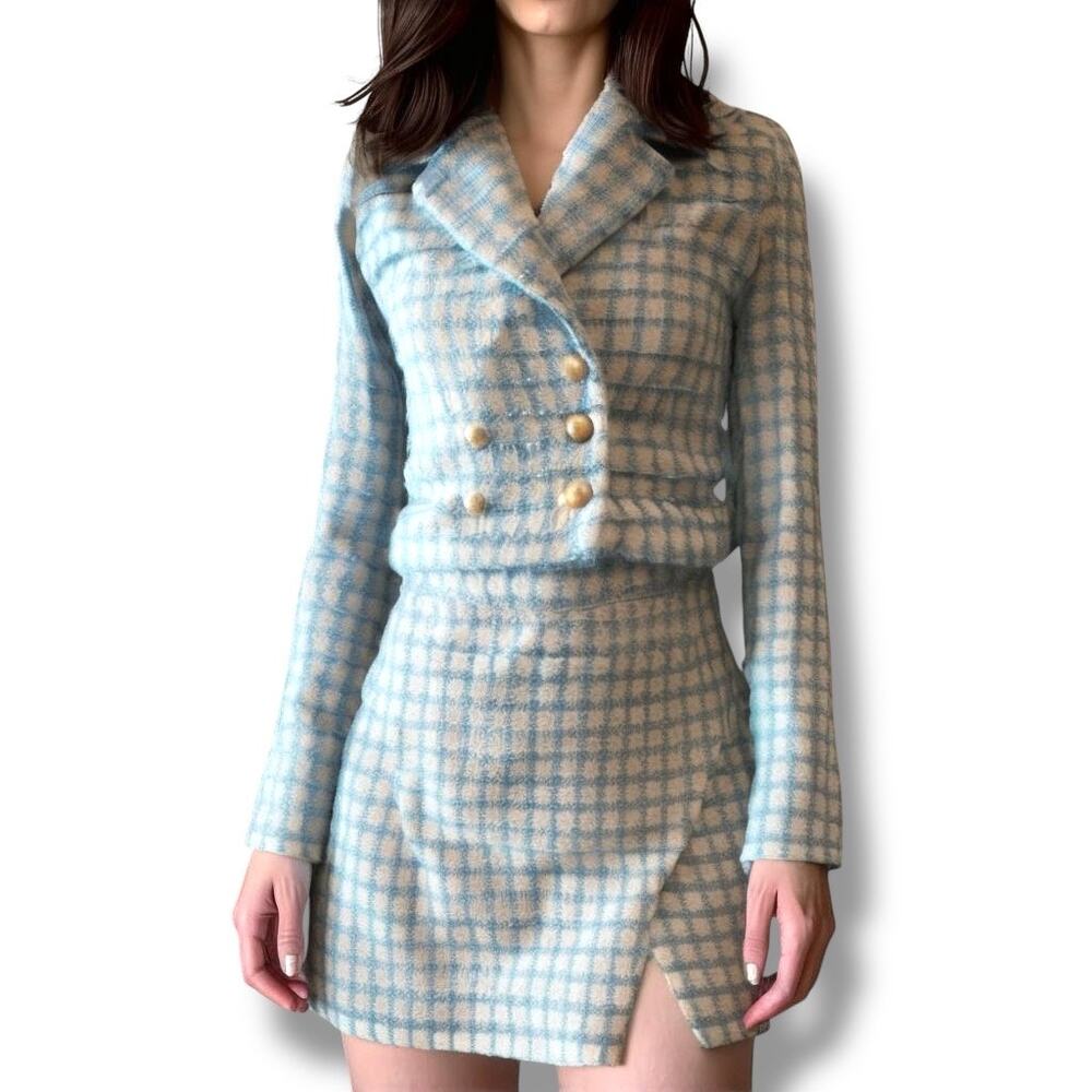 Jason Wu Size 10 Boucle Tweed Skort Blue White Windowpane Plaid Coastal Preppy‎